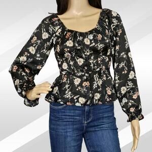 2/$30 Papermoon Black Floral Empire Waist Long Sleeve Blouse Size XSP